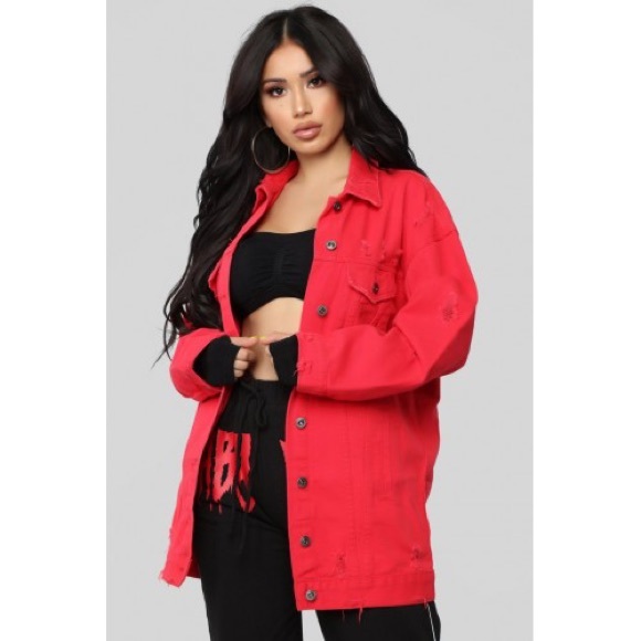 red oversized denim jacket